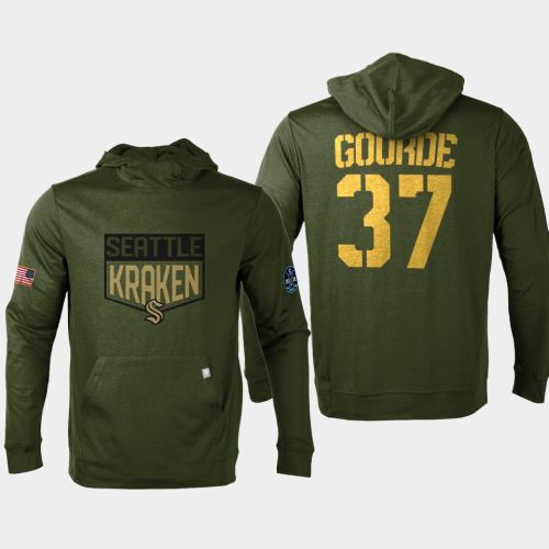 Seattle Kraken 37 Yanni Gourde 2022 Salute to Service Olive Pullover Hoodie