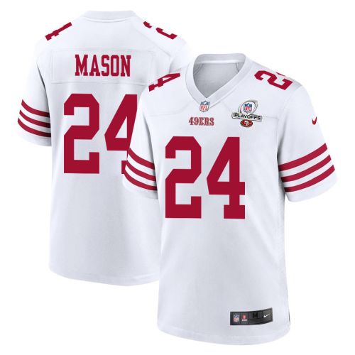 Jordan Mason 24 San Francisco 49ers 2023 Playoffs Patch Game Men Jersey - White