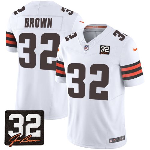 Jim Brown 32 Cleveland Browns Jim Brown Memorial Patch Game Men Jersey - White