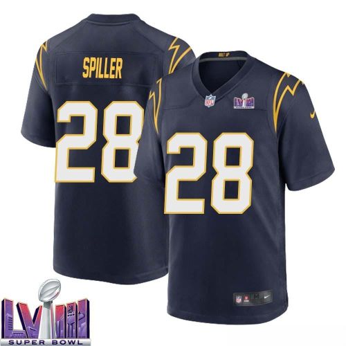 Isaiah Spiller 28 Los Angeles Chargers Super Bowl LVIII Men Alternate Game Jersey - Navy