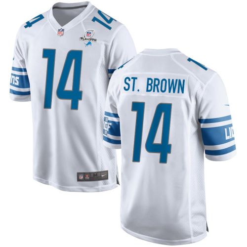 Amon-Ra St. Brown 14 Detroit Lions 2023 Playoffs Patch Game Men Jersey - White