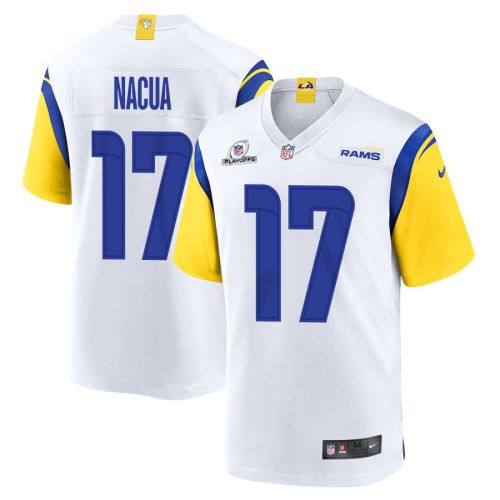 Puka Nacua 17 Los Angeles Rams 2023 Playoffs Patch Game Men Jersey - White