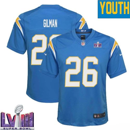 Alohi Gilman 26 Los Angeles Chargers Super Bowl LVIII YOUTH Home Game Jersey - Powder Blue