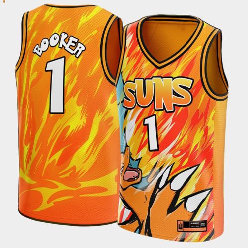 Devin Booker 1 NBA Pokemon Phoenix Suns Orange Jersey Cartoon