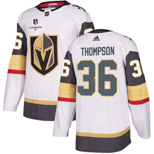 Logan Thompson 36 Vegas Golden Knights Stanley Cup 2023 Champions Patch Away Breakaway Men Jersey - White