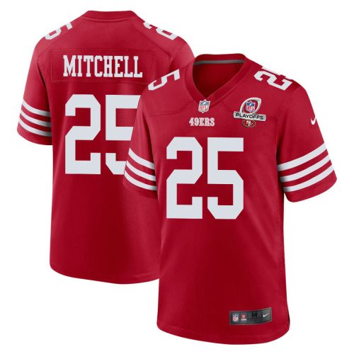 Elijah Mitchell 25 San Francisco 49ers 2023 Playoffs Patch Game Men Jersey - Scarlet