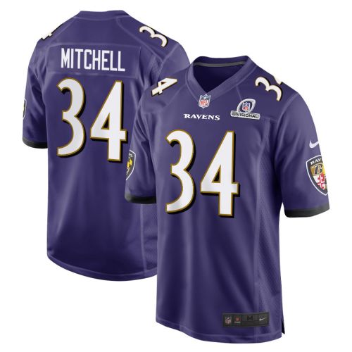 Keaton Mitchell 34 Baltimore Ravens 2024 Divisional Patch Game Men Jersey - Purple