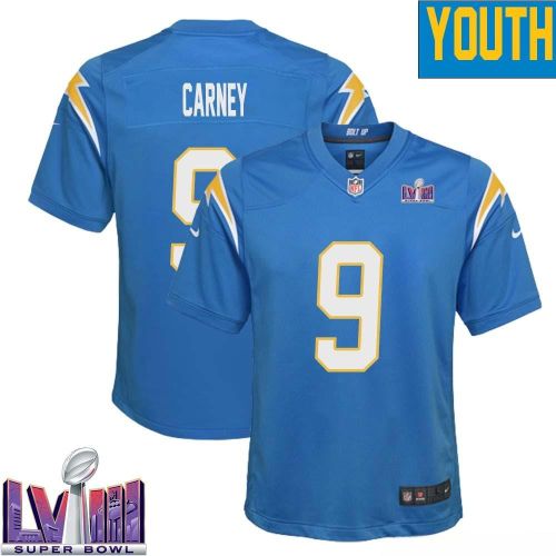 John Carney 9 Los Angeles Chargers Super Bowl LVIII YOUTH Home Game Jersey - Powder Blue