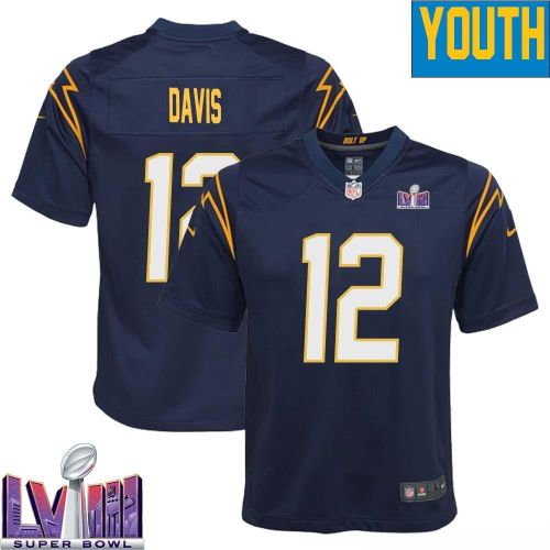 Derius Davis 12 Los Angeles Chargers Super Bowl LVIII YOUTH Alternate Game Jersey - Navy