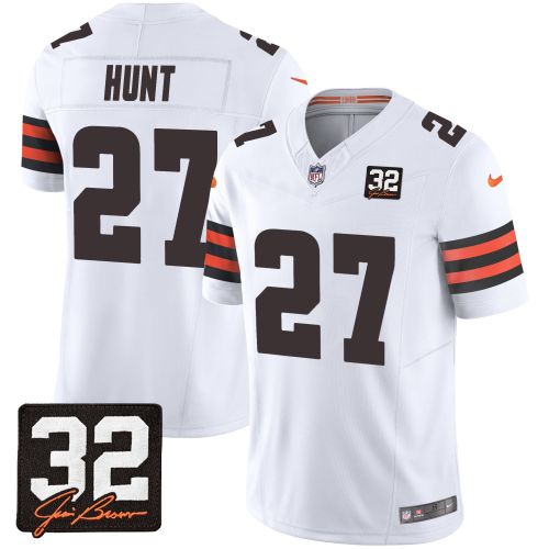 Kareem Hunt 27 Cleveland Browns Jim Brown Memorial Patch Game Men Jersey - White