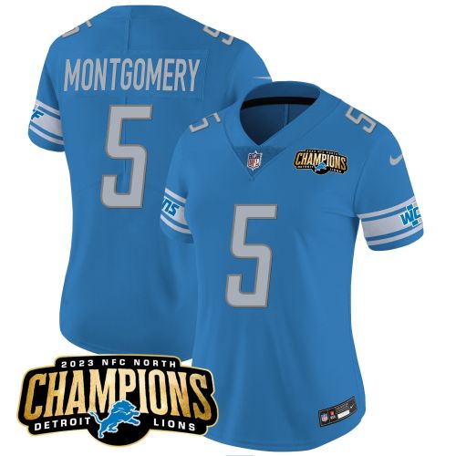 David Montgomery 5 Detroit Lions 2023 NFC North Champions Patch Women Game Jersey - Blue