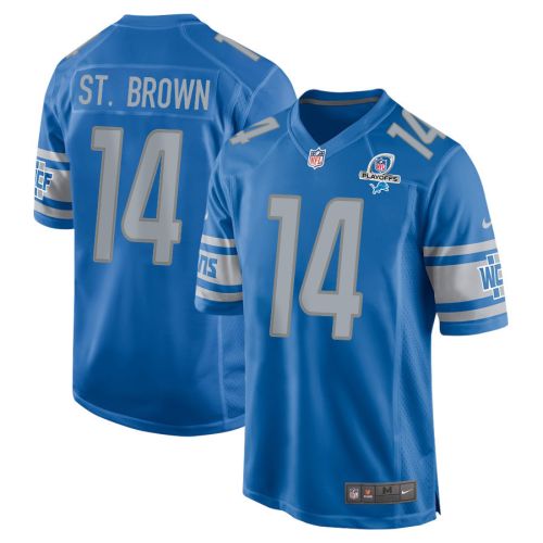 Amon-Ra St. Brown 14 Detroit Lions 2023 Playoffs Patch Game Men Jersey - Blue