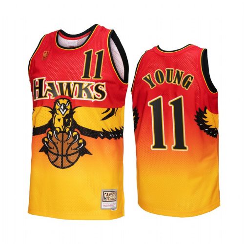 Atlanta Hawks Trae Young 11 Gold Red Fadeaway Men Jersey Hardwood Classics