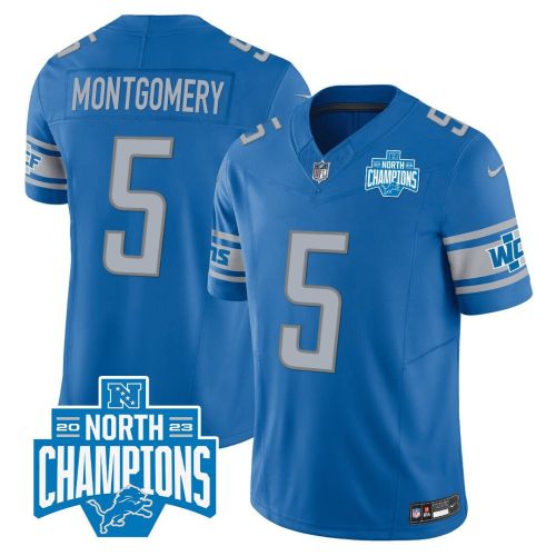 David Montgomery 5 Detroit Lions 2023 NFC North Division Champions Patch Game Men Jersey - Blue