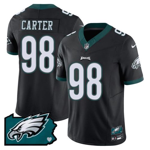 Jalen Carter 98 Philadelphia Eagles Pennsylvania State Map Patch Game Men Jersey - Black