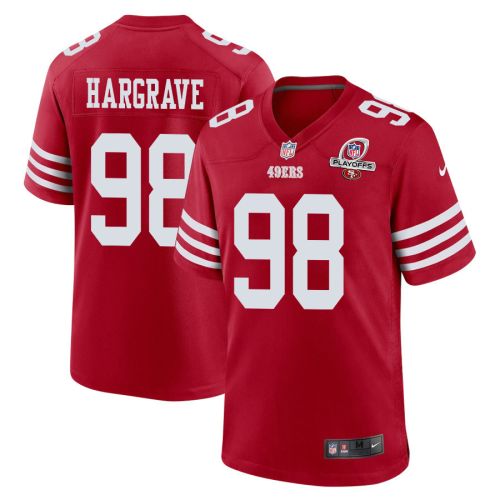 Javon Hargrave 98 San Francisco 49ers 2023 Playoffs Patch Game Men Jersey - Scarlet