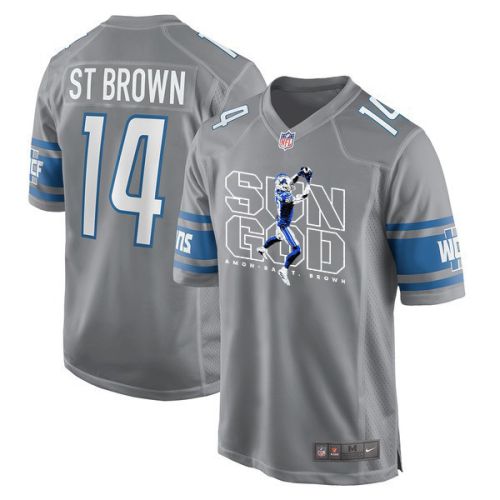 Amon-Ra St. Brown 14 Detroit Lions Sun God Game Men Jersey - Silver