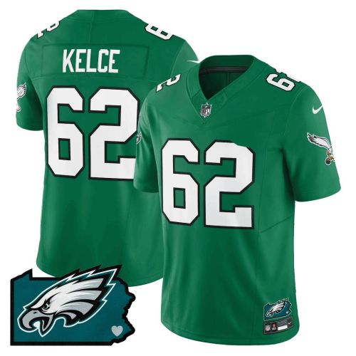 Jason Kelce 62 Philadelphia Eagles Pennsylvania State Map Patch Alternate Game Men Jersey - Kelly Green