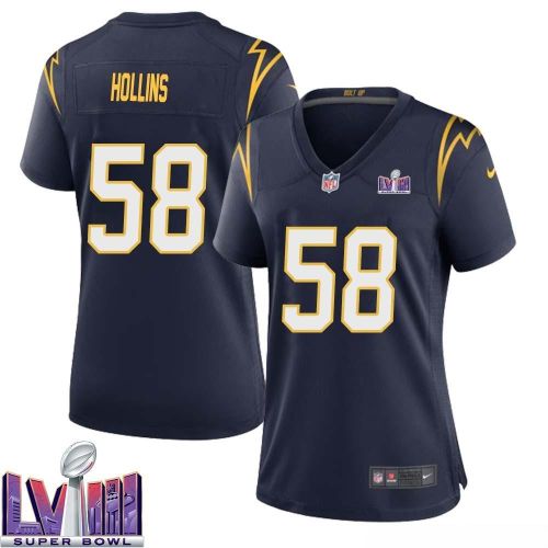 Justin Hollins 58 Los Angeles Chargers Super Bowl LVIII Women Alternate Game Jersey - Navy