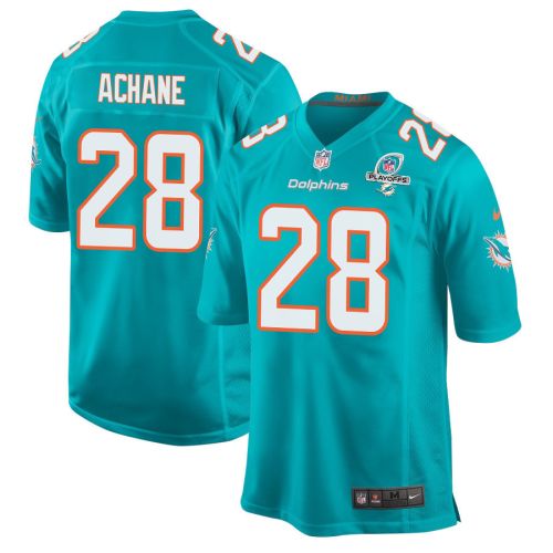 De'Von Achane 28 Miami Dolphins 2023 Playoffs Patch Game Men Jersey - Aqua