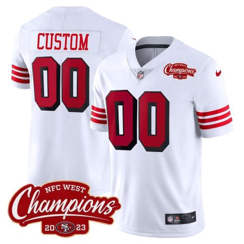 San Francisco 49ers 94 Throwback 2023 NFC West Champions Patch Game Men Custom Jersey - White