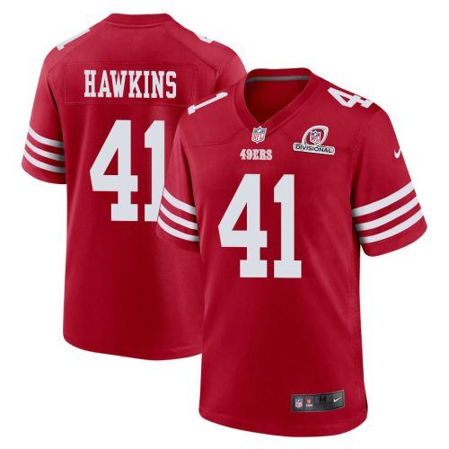 Tayler Hawkins 41 San Francisco 49ers 2024 Divisional Patch Game Men Jersey - Scarlet