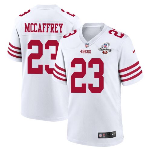 Christian McCaffrey 23 San Francisco 49ers 2023 Playoffs Patch Game Men Jersey - White