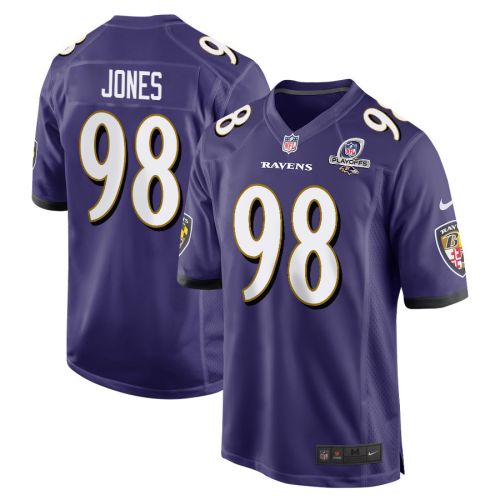 Travis Jones 98 Baltimore Ravens 2023 Playoffs Patch Game Men Jersey - Purple