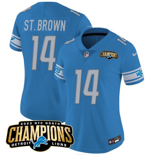 Amon-Ra St. Brown 14 Detroit Lions 2023 NFC North Champions Patch Women Game Jersey - Blue