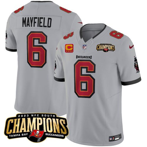 Baker Mayfield 6 Tampa Bay Buccaneers 2023 NFC South Champions Patch Game Men Jersey - Gray