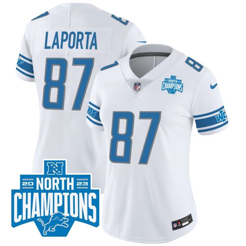 Sam LaPorta 87 Detroit Lions 2023 NFC North Division Champions Patch Women Game Jersey - White