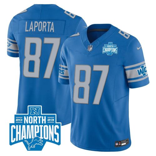 Sam LaPorta 87 Detroit Lions 2023 NFC North Division Champions Patch Game Men Jersey - Blue