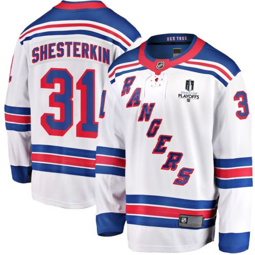 Igor Shesterkin 31 New York Rangers Stanley Cup 2023 Playoffs Patch Away Breakaway Men Jersey - White