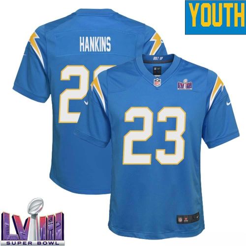 Matt Hankins 23 Los Angeles Chargers Super Bowl LVIII YOUTH Home Game Jersey - Powder Blue