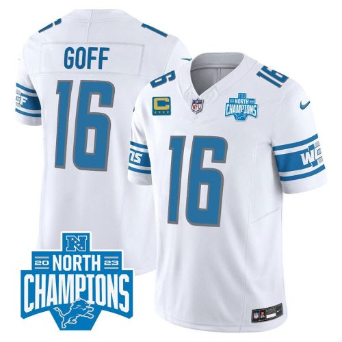 Jared Goff 16 Detroit Lions 2023 NFC North Division Champions Patch Game Men Jersey - White