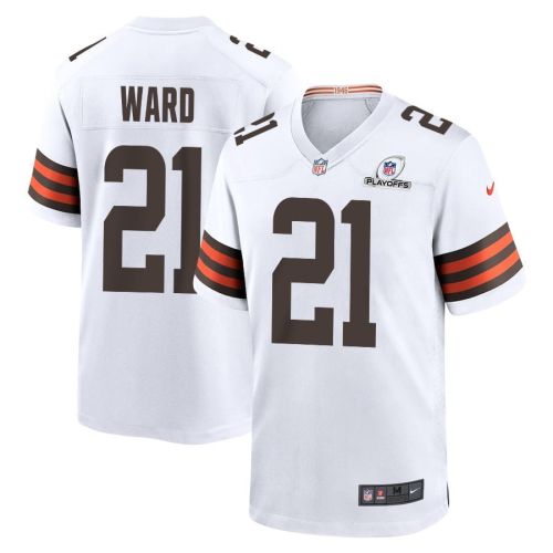 Denzel Ward 21 Cleveland Browns 2023 Playoffs Patch Game Men Jersey - White