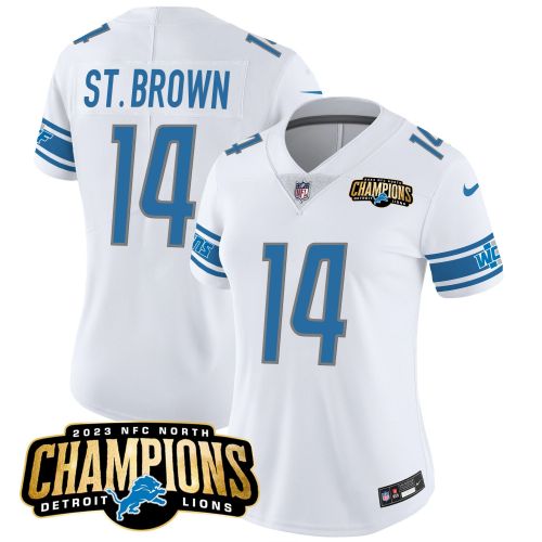 Amon-Ra St. Brown 14 Detroit Lions 2023 NFC North Champions Patch Women Game Jersey - White