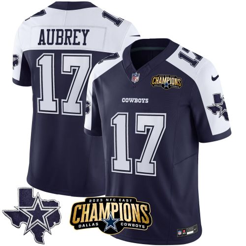 Brandon Aubrey 17 Dallas Cowboys 2023 NFC East Champions Patch Alternate Game Men Jersey - Navy