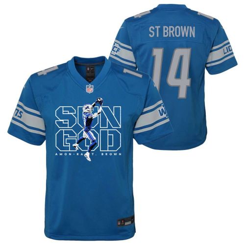 Amon-Ra St. Brown 14 Detroit Lions Sun God Game YOUTH Jersey - Blue