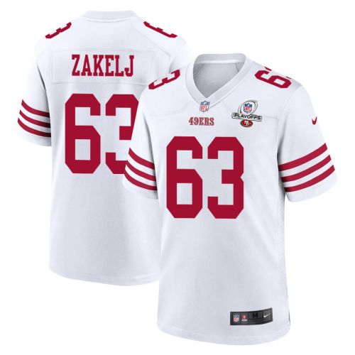 Nick Zakelj 63 San Francisco 49ers 2023 Playoffs Patch Game Men Jersey - White