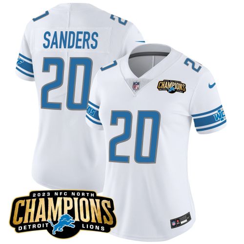 Barry Sanders 20 Detroit Lions 2023 NFC North Champions Patch Women Game Jersey - White