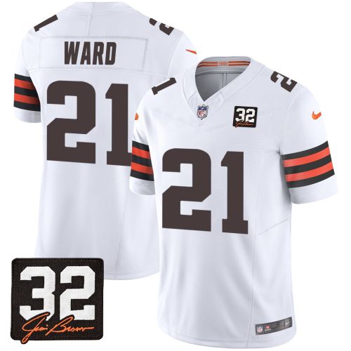 Denzel Ward 21 Cleveland Browns Jim Brown Memorial Patch Game Men Jersey - White