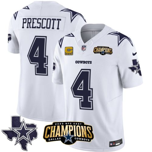 Dak Prescott 4 Dallas Cowboys 2023 NFC East Champions Patch Game Men Jersey - White