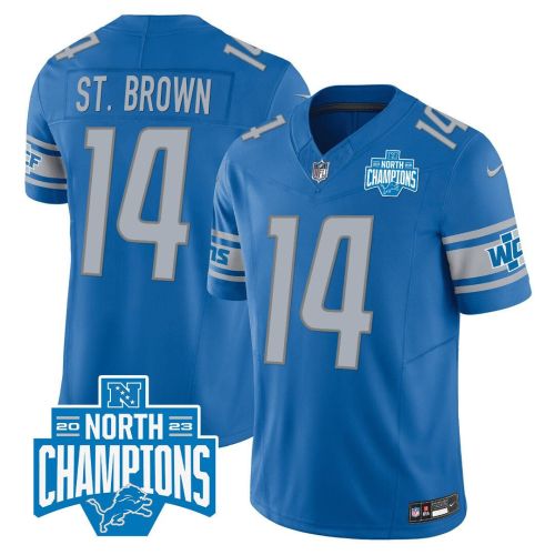 Amon-Ra St. Brown 14 Detroit Lions 2023 NFC North Division Champions Patch Game Men Jersey - Blue