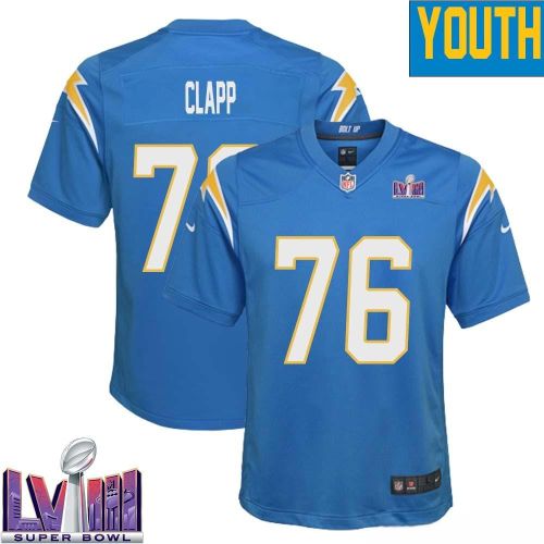 Will Clapp 76 Los Angeles Chargers Super Bowl LVIII YOUTH Home Game Jersey - Powder Blue