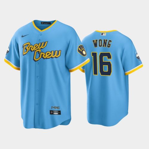 Men's Milwaukee Brewers 16 Kolten Wong 2022-23 City Connect Powder Blue Jersey