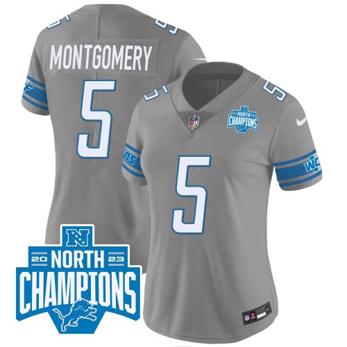 David Montgomery 5 Detroit Lions 2023 NFC North Division Champions Patch Women Game Jersey - Gray