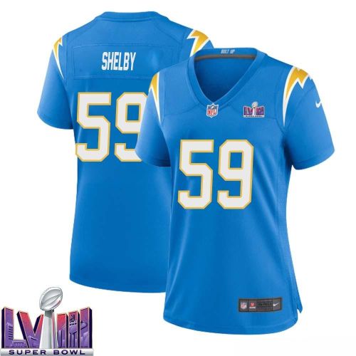 Ty Shelby 59 Los Angeles Chargers Super Bowl LVIII Women Home Game Jersey - Powder Blue