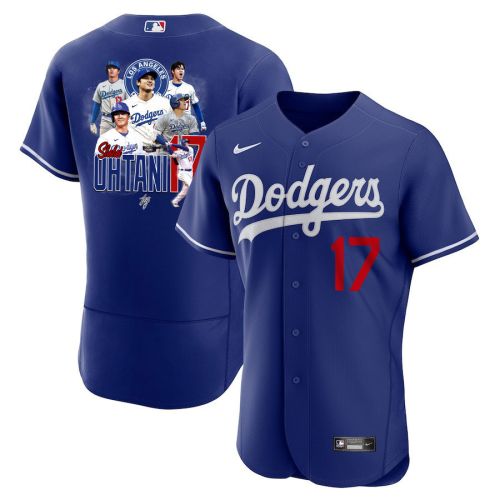 Shohei Ohtani 17 Los Angeles Dodgers Signed Collage Arts 2023 Alternate ELITE Men Jersey - Royal