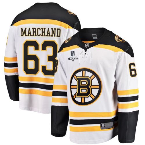 Brad Marchand 63 Boston Bruins Stanley Cup 2023 Playoffs Patch Away Breakaway Men Jersey - White